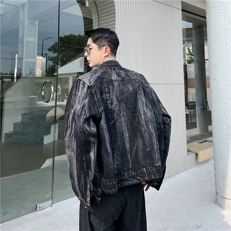 Washed denim jacket with retro trendy pocket design black gray denim jacket