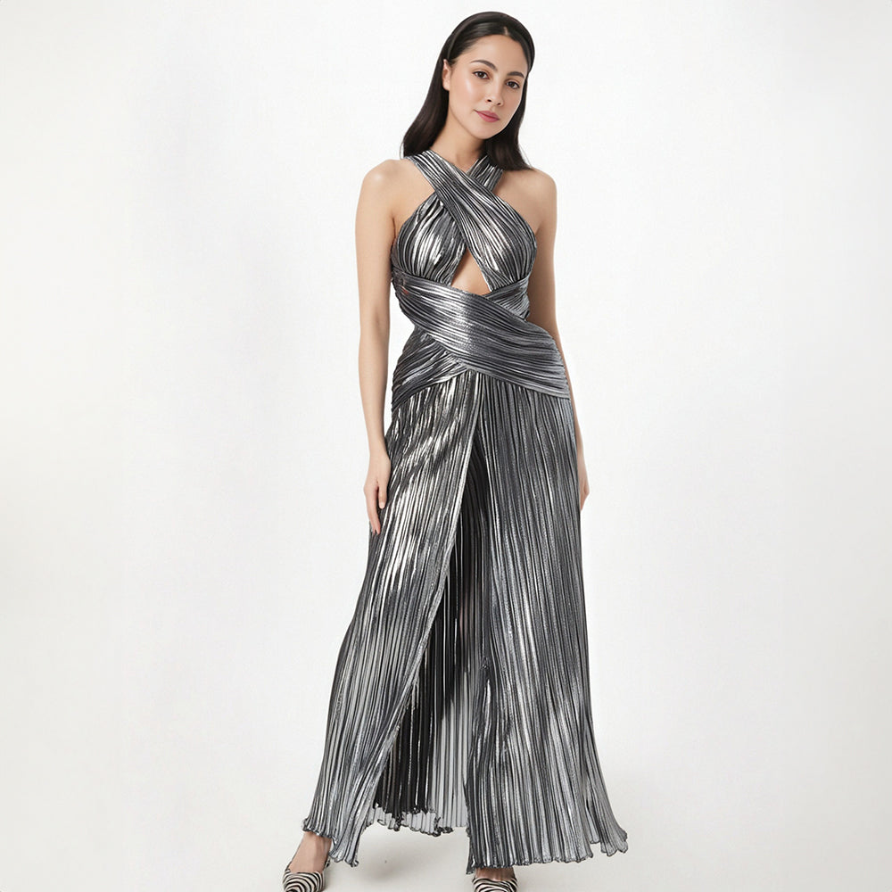 Socialite style banquet dress long skirt fashionable cross hanging neck and waist slimming dress for women